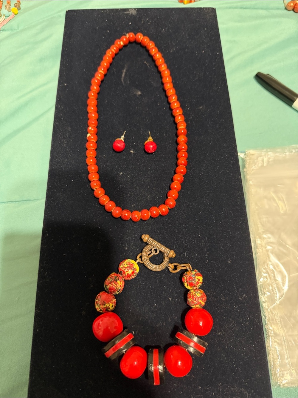 Red Bead Necklace, Earrings & Bracelet Jewelry Set